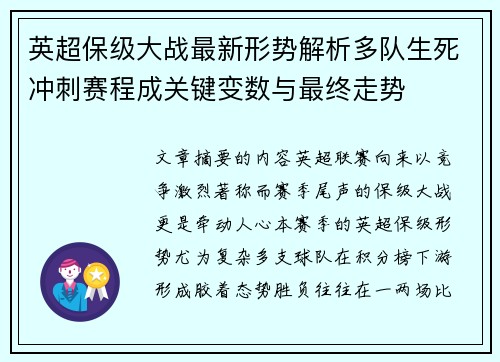 英超保级大战最新形势解析多队生死冲刺赛程成关键变数与最终走势 英超保级大战最新形势解析多队生死冲刺赛程成关键变数与最终走势